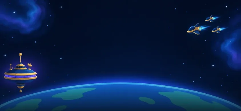 The Crownfall loading background: a blue world, a space station and three ships