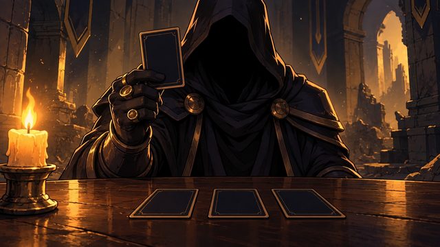 The Dealer: a hooded figure laying out three cards by candlelight