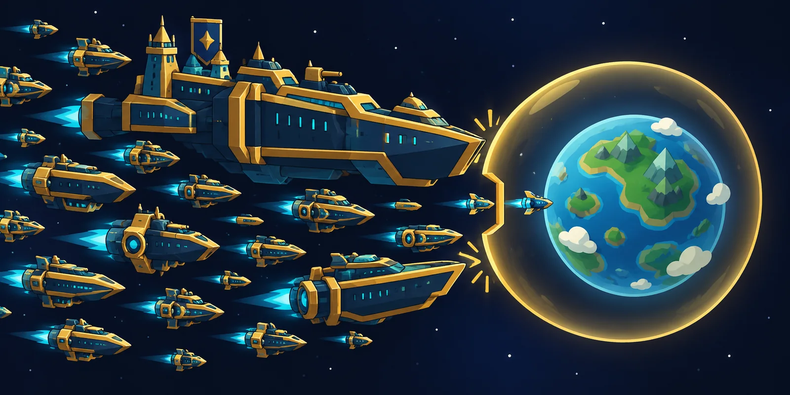 A large fleet held back at the edge of a small world while only part of it gets in.