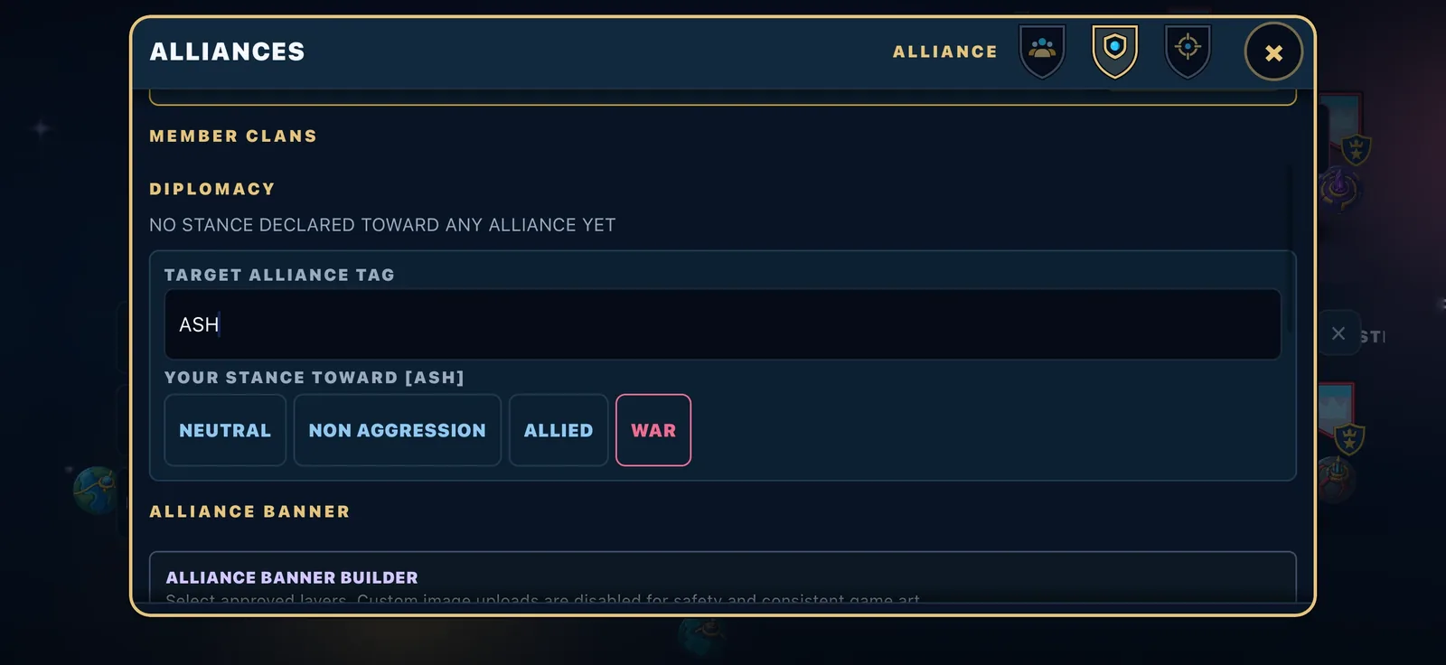 The relations stepper for another alliance with four steps: neutral, non-aggression, allied and war.