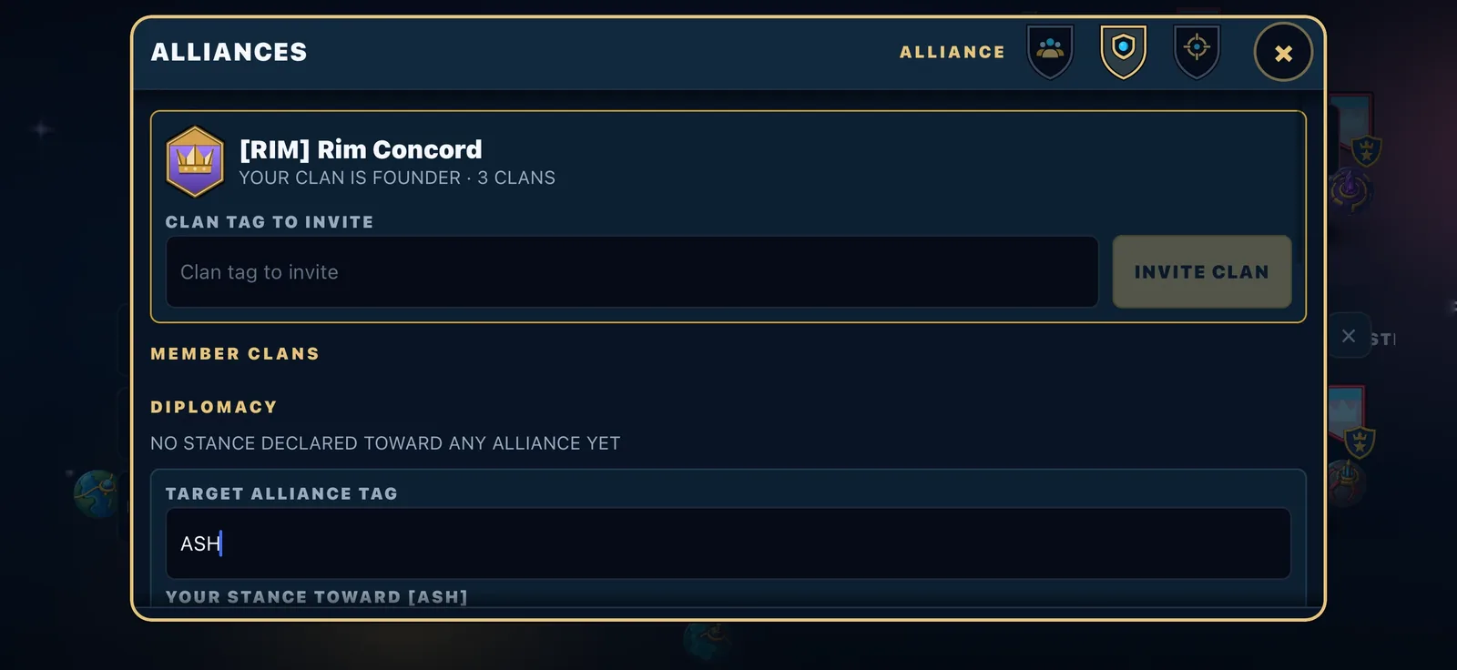 The ALLIANCE tab showing an alliance with three clans, your clan as founder, and a box to invite a clan by its tag.