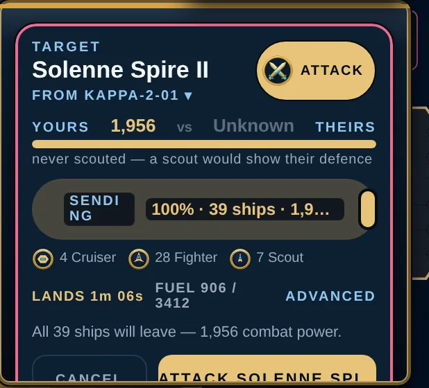 The attack order panel for a target that has not been scouted, with no odds and no warning shown.