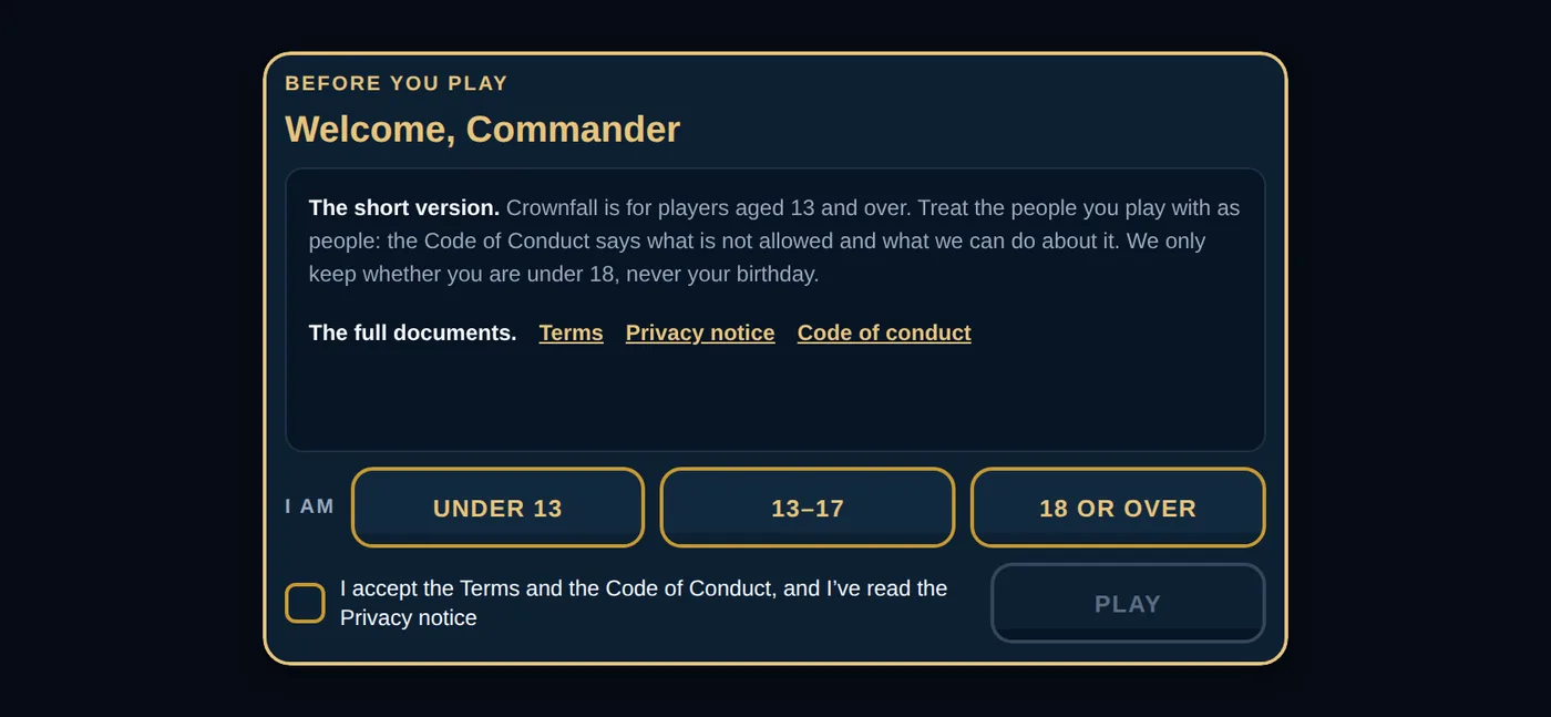 The age-band screen with one tick box for the Terms and the Code of Conduct, and a PLAY button.