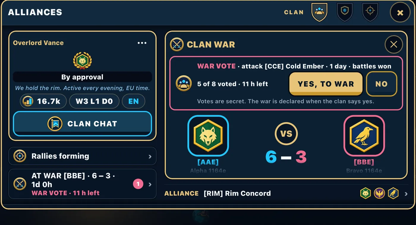 The CLAN WAR panel with a war vote under way: five of eight voted, the YES, TO WAR and NO buttons, and the score between two clans.