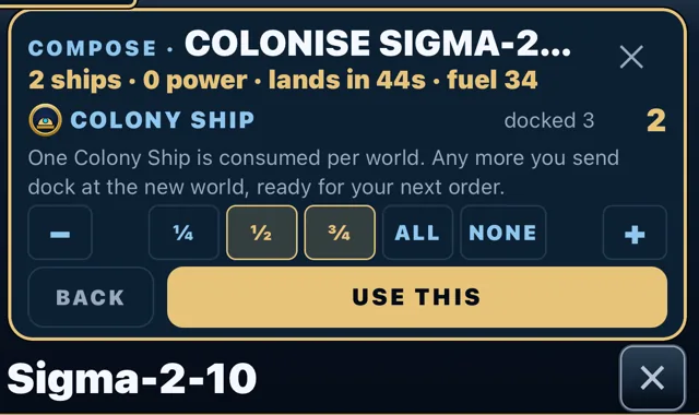 The ADVANCED panel with a stepper for how many Colony Ships to send.