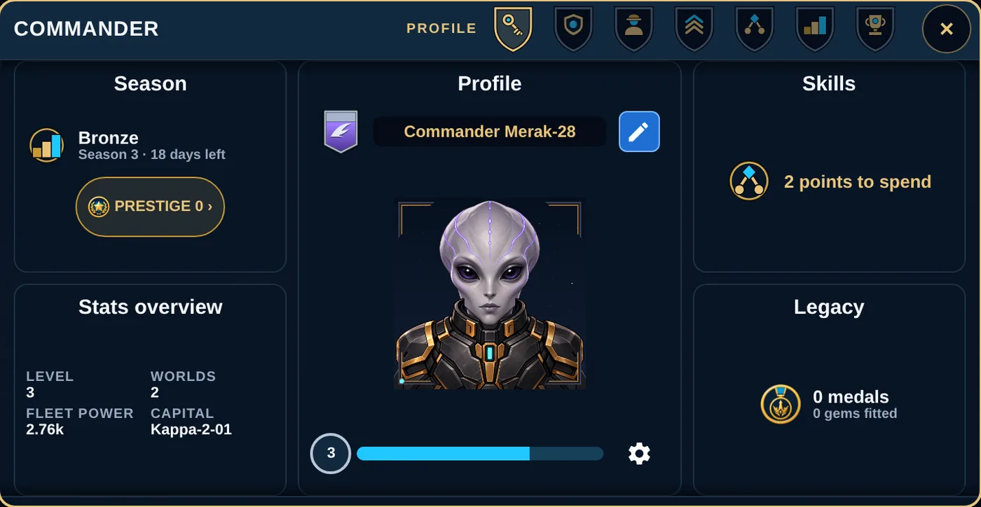 The COMMANDER screen showing season, profile, skills and Legacy.
