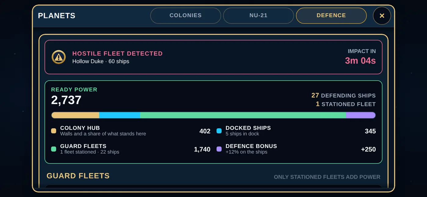 The DEFENCE tab with a countdown for an incoming hostile fleet and the ready power.
