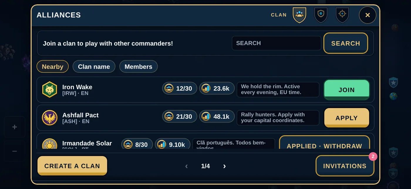 The find a clan screen with JOIN, APPLY and create-your-own options.