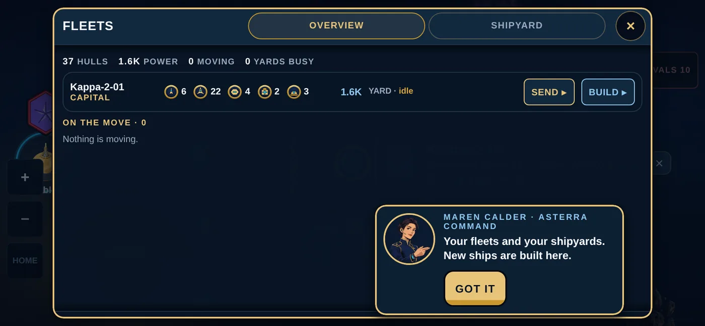 The FLEETS overview listing what is docked at each world and what is on the move.