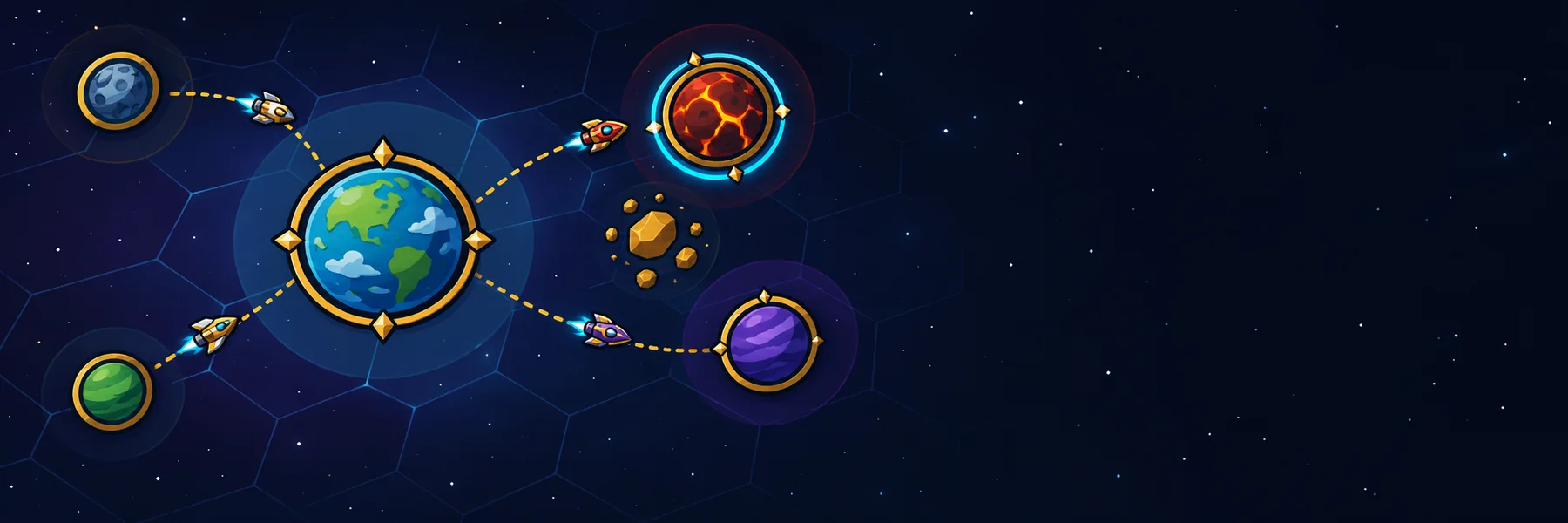 A capital world with a gold ring, fleets flying between worlds along dotted routes, a lava landmark with a cyan ring and a rival's violet-ringed world, drawn in Crownfall's cartoon style.