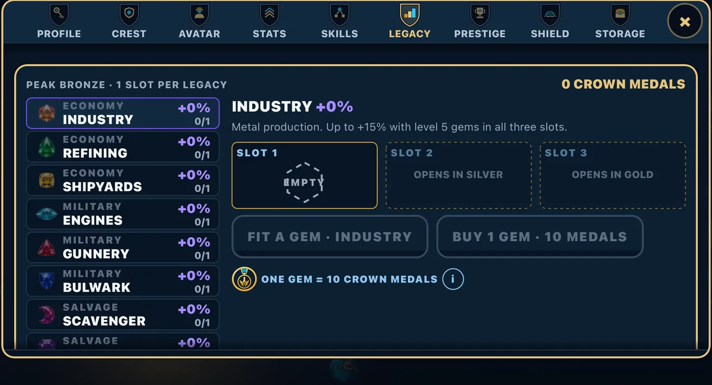 The Legacy screen: eight gem rows down the side, the Industry slot open and empty, two slots that open in Silver and Gold, and buttons to fit or buy a gem.