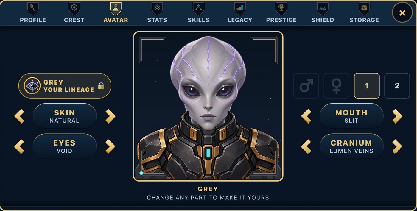 The AVATAR tab under COMMANDER for a Grey commander: a badge reading GREY, YOUR LINEAGE with a lock where the species choices used to be, and the Grey portrait with its skin, eyes, mouth and cranium choices.