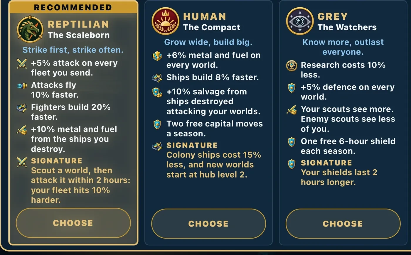 The CHOOSE YOUR LINEAGE screen with three cards: Reptilian, Human and Grey, each with its strengths and a signature.