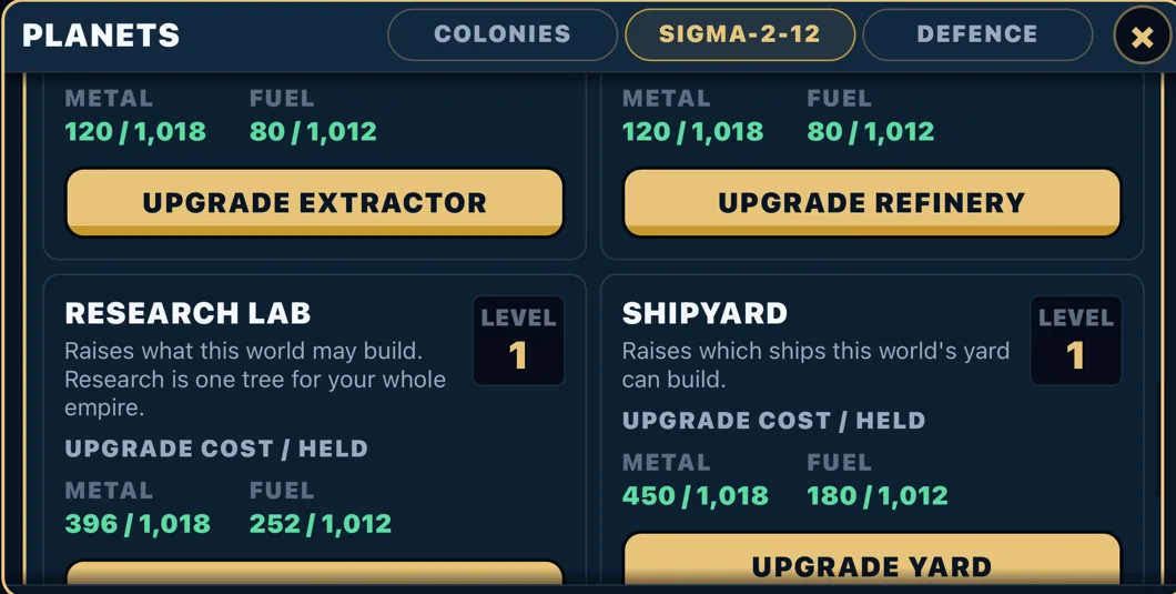 The MANAGE sheet for one world showing five upgrade cards.
