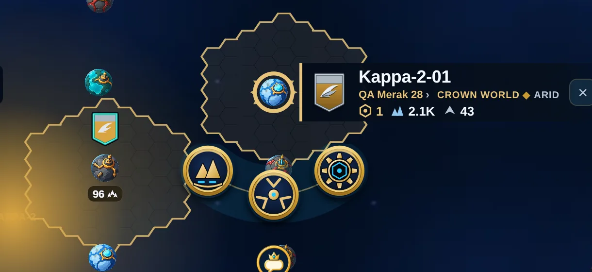 Your capital in a gold ring inside the gold hexes of your turf, with the world box reading CROWN WORLD and three round order buttons below.