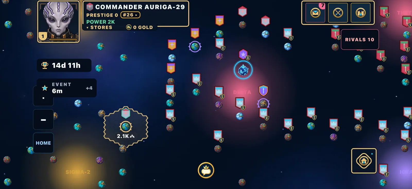 The map zoomed in: your capital in a gold ring, two other commanders' capitals in violet rings, a cyan landmark, and rival worlds with pink, orange and red crest frames and clan badges.