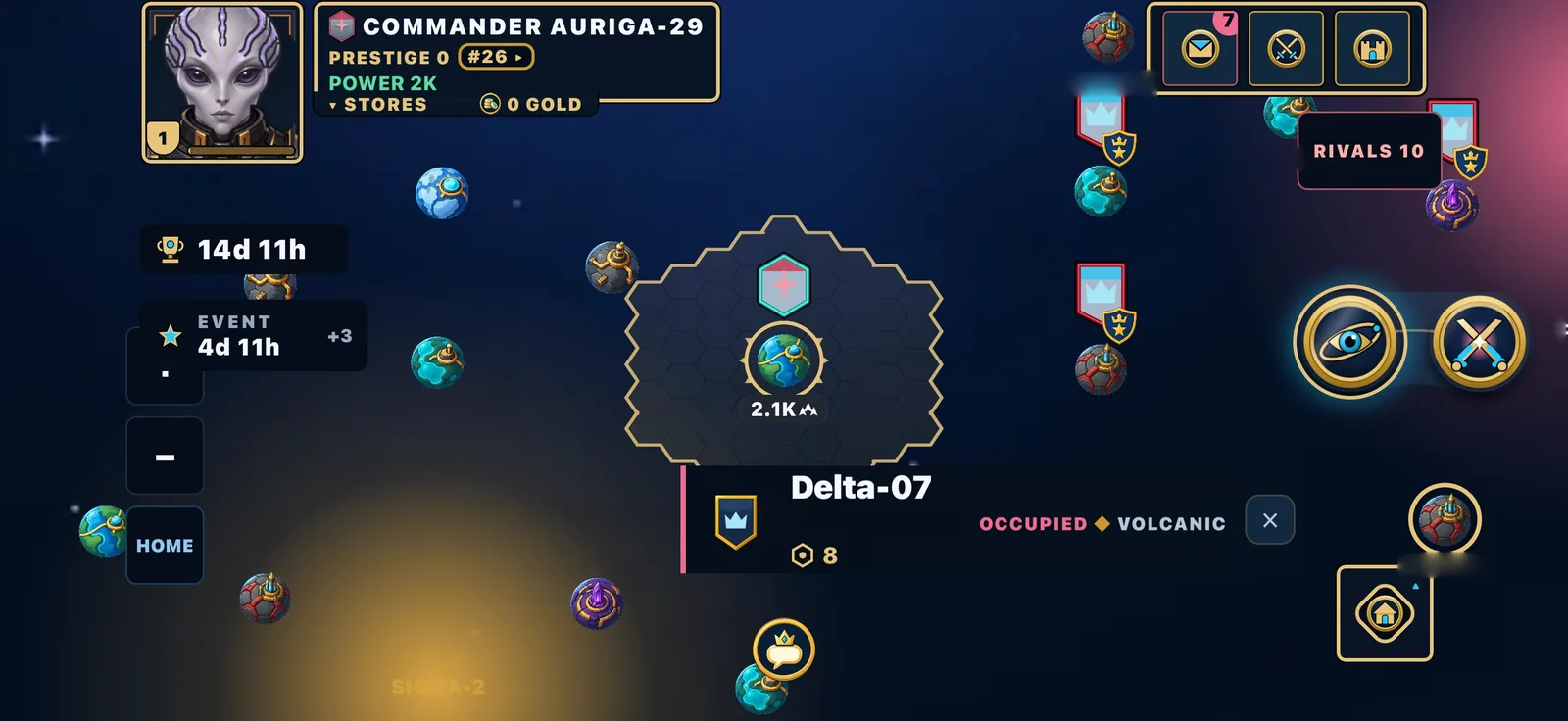 A rival's world tapped on the map, with SCOUT and ATTACK buttons beside it and the world box reading OCCUPIED.