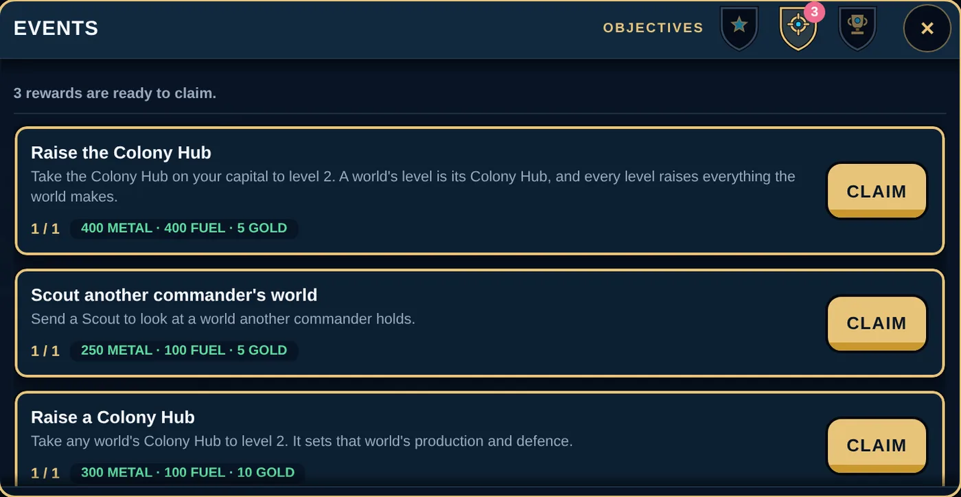 The OBJECTIVES list with a tick and a claim button on a finished objective.
