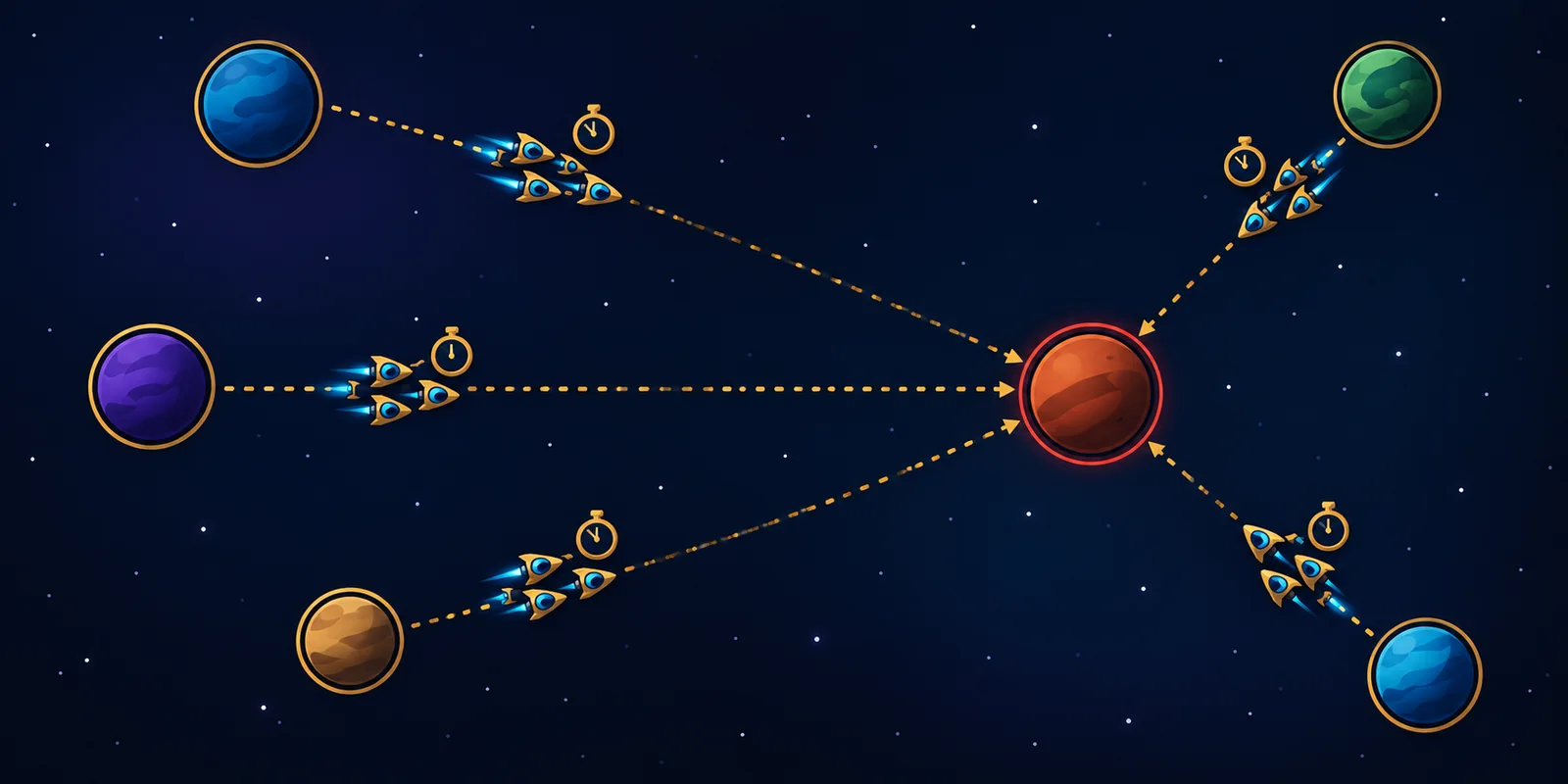 Five fleets leaving from different worlds at different times to land on one target together.