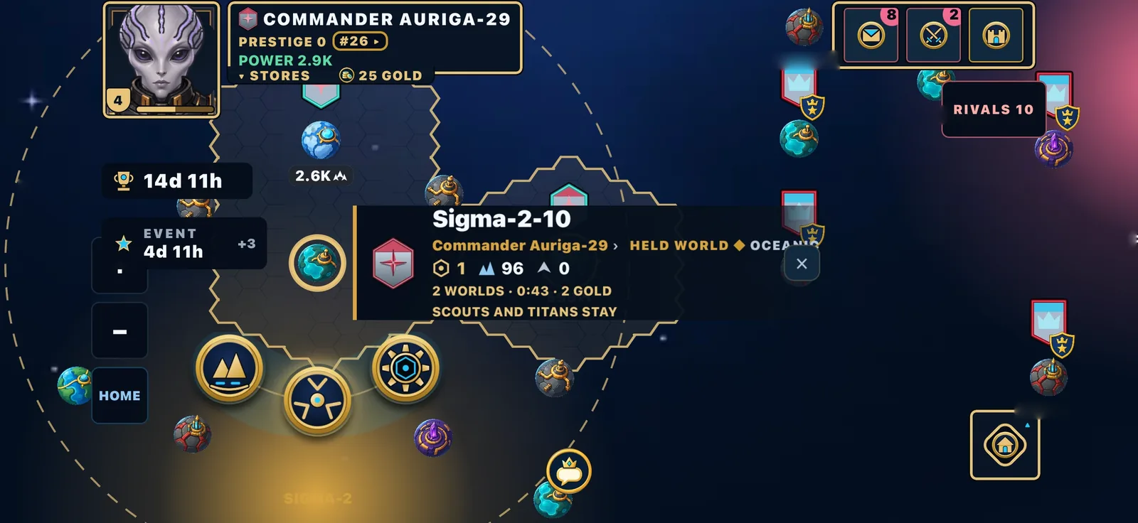 The regroup order on one of your worlds, with a range ring and the line 2 worlds, a short countdown, 2 gold, scouts and titans stay.