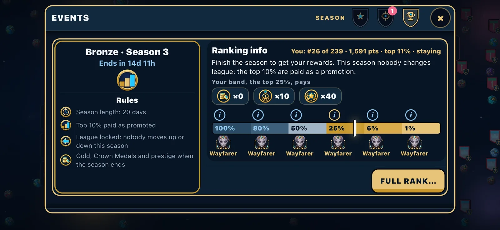 The SEASON tab under EVENTS showing the Bronze league, the rules, your ranking and the band bar.