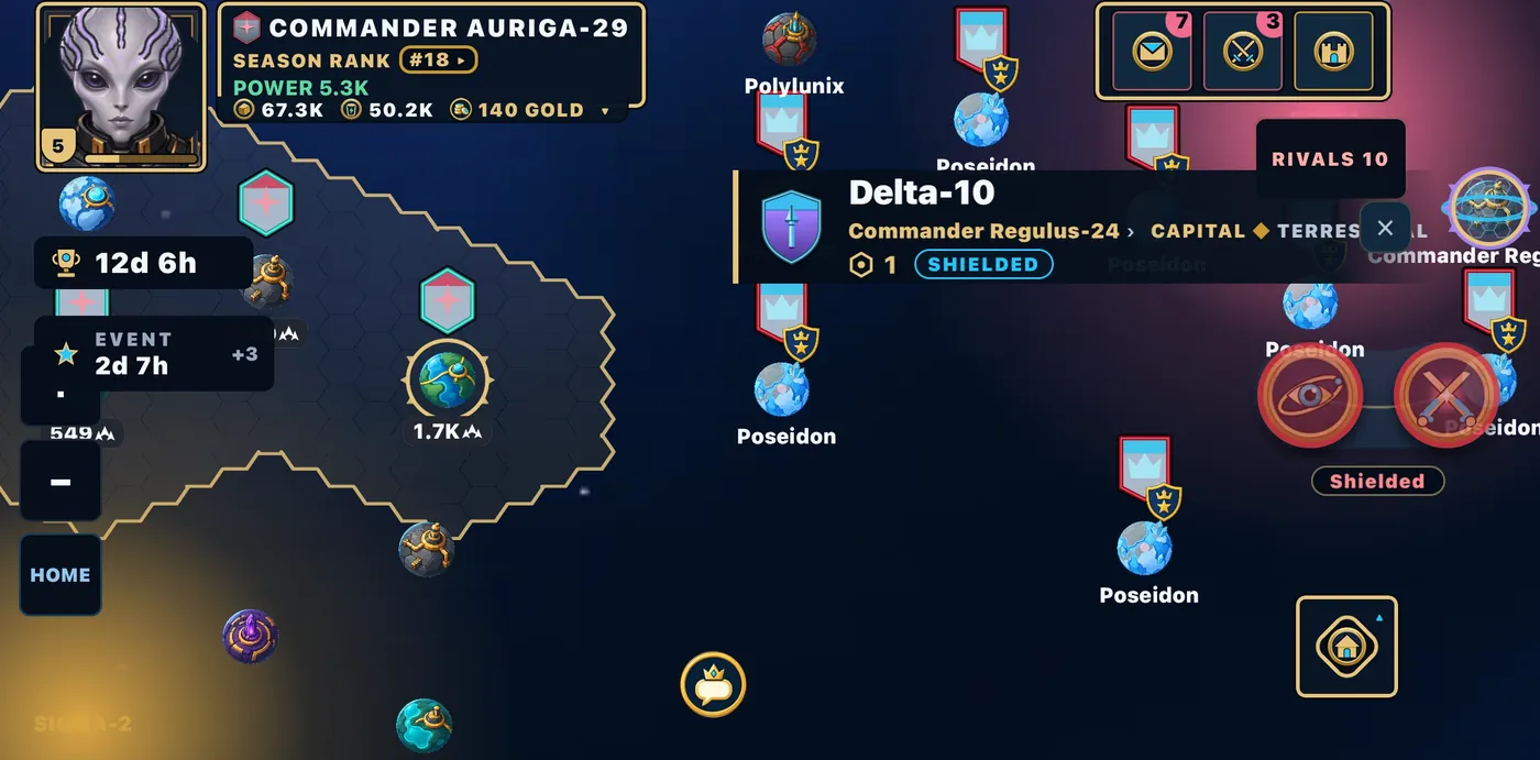 The map with a shielded rival world: its SCOUT and ATTACK buttons are red and marked Shielded.
