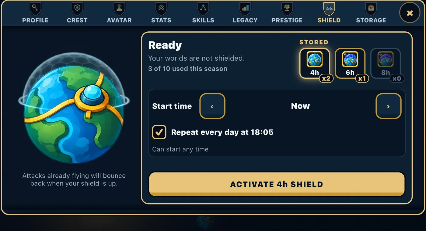 COMMANDER, then SHIELD: a shielded globe, three stored shields of 4, 6 and 8 hours, a start time, a Repeat every day tick box and the ACTIVATE button.