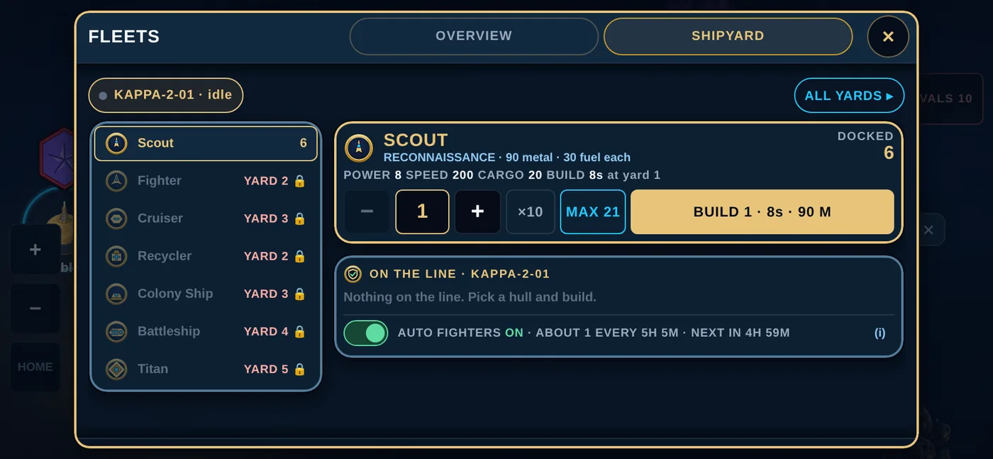 The SHIPYARD screen listing the ships this yard can build and the auto Fighters switch.