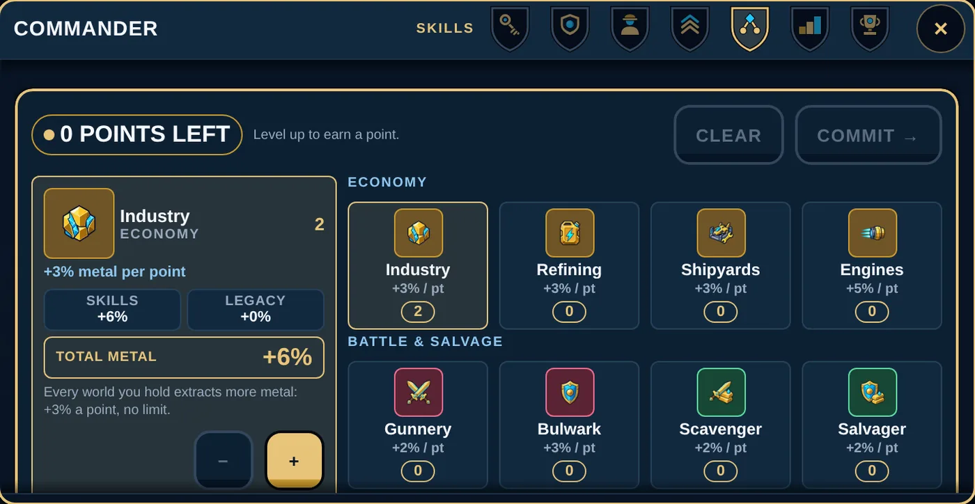 The skills screen with eight skills and a COMMIT button.