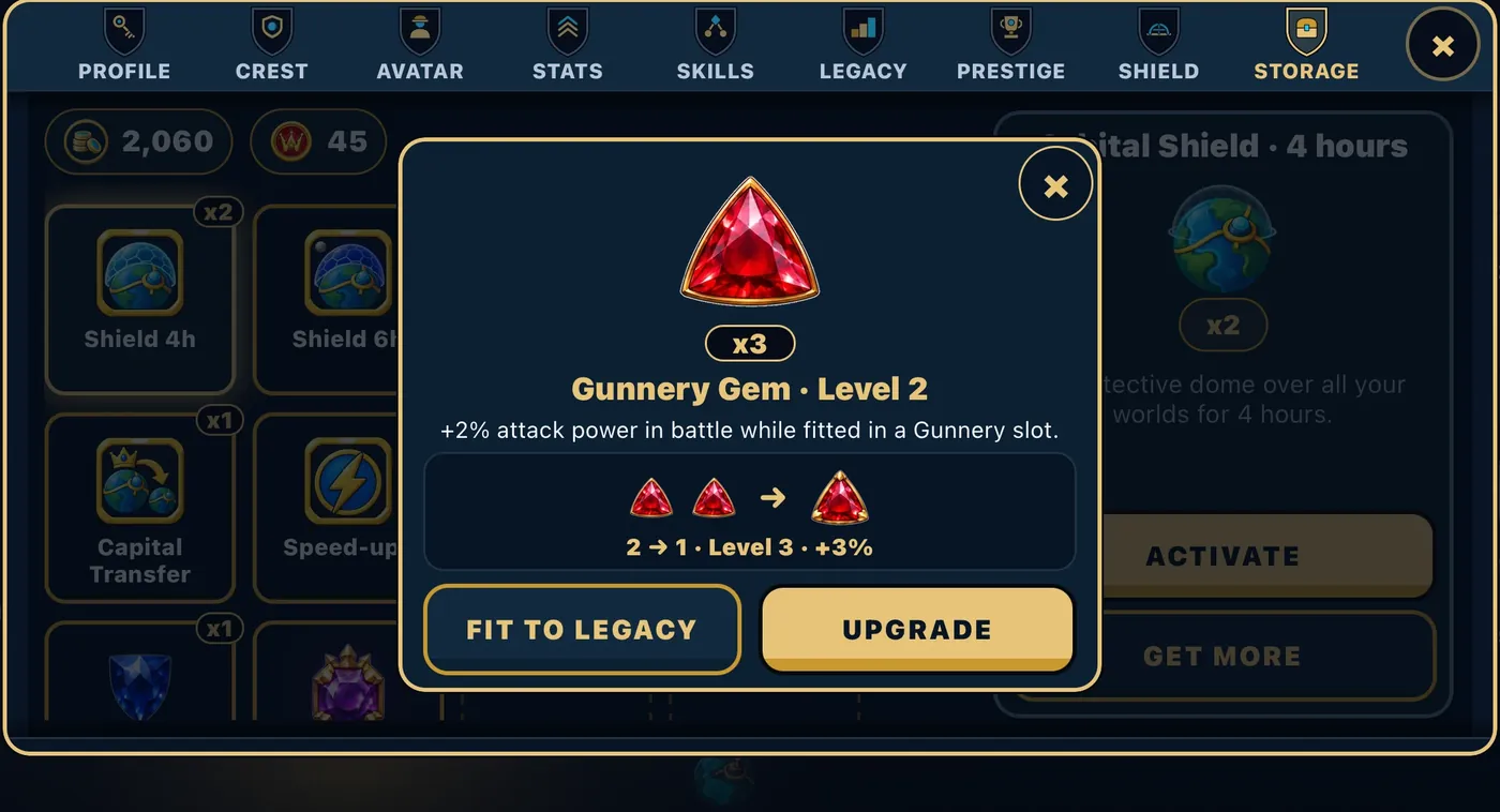 COMMANDER, then STORAGE, with a Gunnery gem opened in the middle of the screen: three of them, two becoming one of the next level, and the FIT TO LEGACY and UPGRADE buttons.