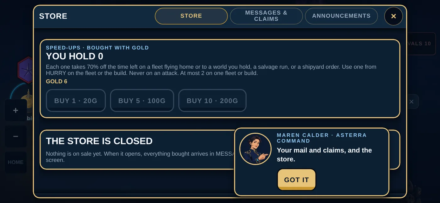 The STORE screen listing speed-ups priced in gold.