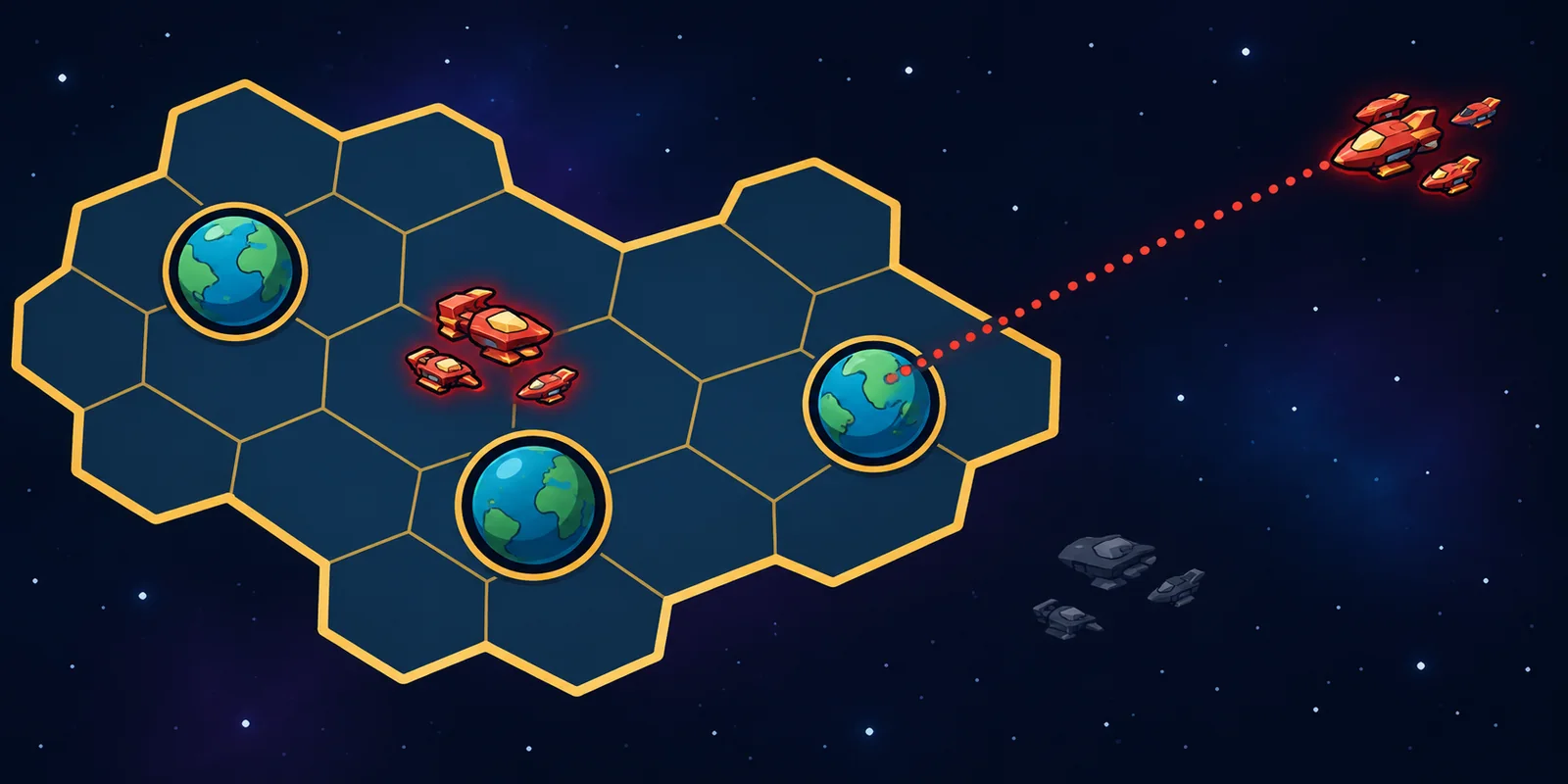 The map with a gold turf area around a player's worlds, everything inside it visible.