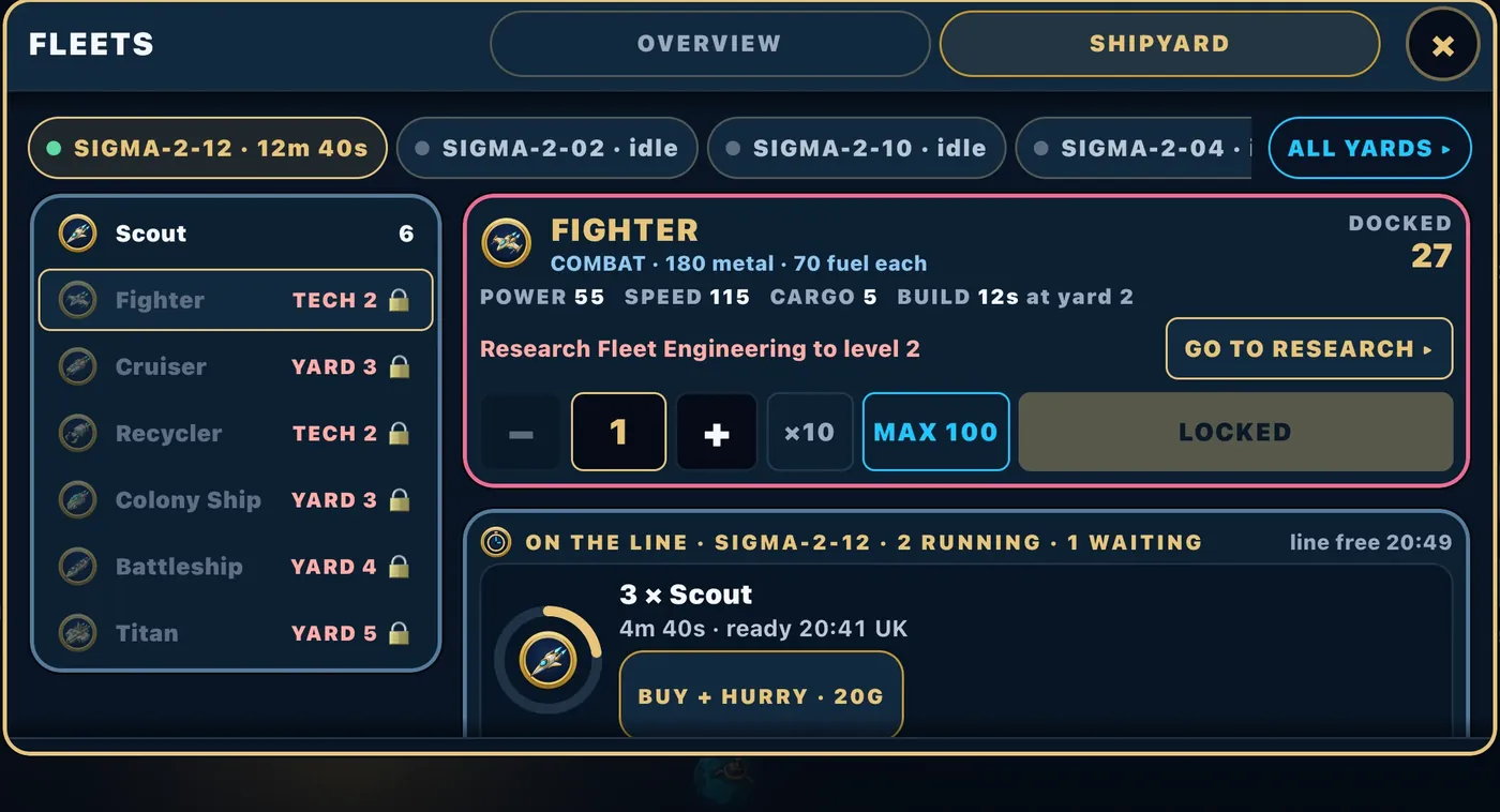 The SHIPYARD tab: a Fighter locked behind Fleet Engineering with a GO TO RESEARCH button, and the yard queue with two orders running and one waiting.